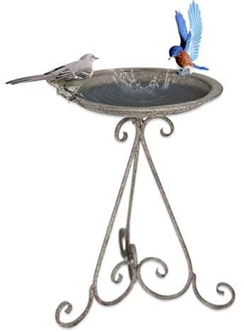 TentHome Vogeltränke mit Ständer Vogelbad Futterschale Vogelbecken Garten Gusseisen Deko Vogel auf der Wasserschale Landhausstil, Antikrost