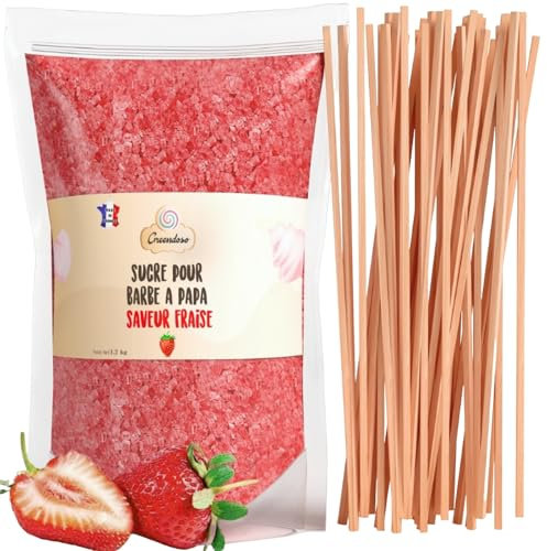 GREENDOSO® Sucre Barbe à Papa pour Machine 1,2 Kg – Saveur Fraise – 50 Bâtonnets