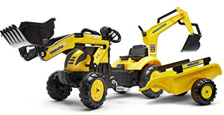 Falk 2076N Komatsu Baggerlader mit Heckbagger und Anhänger, Gelb-2076n, L