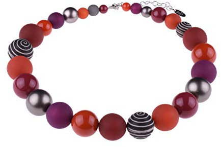Adi Modeschmuck große Halskette 'Thabea', elegante Mischung aus Polaris- und Acrylperlen mit attraktiven Akzenten, handgefertigt in Berlin (Dunkle Rottöne mit dunkelsilber metallic)