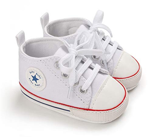 DEBAIJIA Bebé Primeros Pasos Zapatos de Lona 0-6M Niños Alpargata Suave Antideslizante Ligero Slip-on 17 EU Blanco Rojo (Tamaño Etiqueta-1)