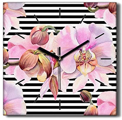 Coloray Uhr auf Leinwand 30x30cm Wohnzimmer Dekoration Segeltuch Ohne tickendes Geräusch Wand Uhr - Orchideen-Blüten-Streifen