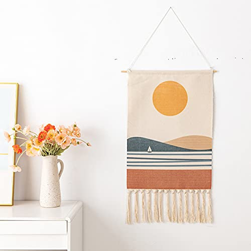 Ricemru Boho Style Wandteppich Aesthetic Sonnenuntergang Berge See Wandbehang Geflochten Natur Landschaft Abstrakte Kunst Wandtücher Wanddeko Tapestry für Schlafzimmer Wohnzimmer
