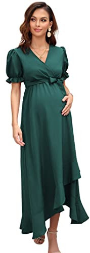 KOJOOIN Robe De Maternité pour Femme Robe d'allaitement À Col en V Robe De Maternité À Manches Courtes avec Volants Robe Florale Fleurs Vert foncé (Manches Courtes) L