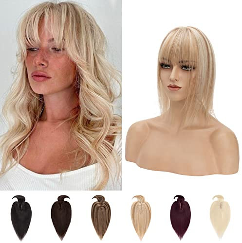 Silk-co Clip in Haarteile Topper mit Fransen Goldenbraun & Bleichblond, Haartopper Clip In Extensions Echthaar, Toupet Remy Echthaar Clip In Haarverlängerung, Hair Extensions für Frauen