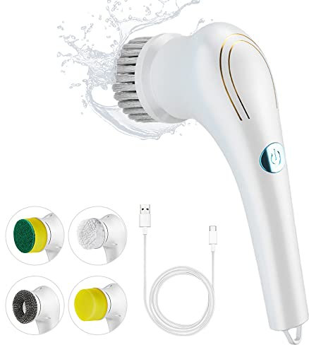 Irishom Brosse de Nettoyage Électrique sans Fil, Brosse Rotative à Main Multifonctionnelle, avec 5 Têtes, Etanche IPX7, pour Cuisine/Salle de Bain/Mur/Fenêtre/Carrelage/Baignoire/Cuisine/Voiture
