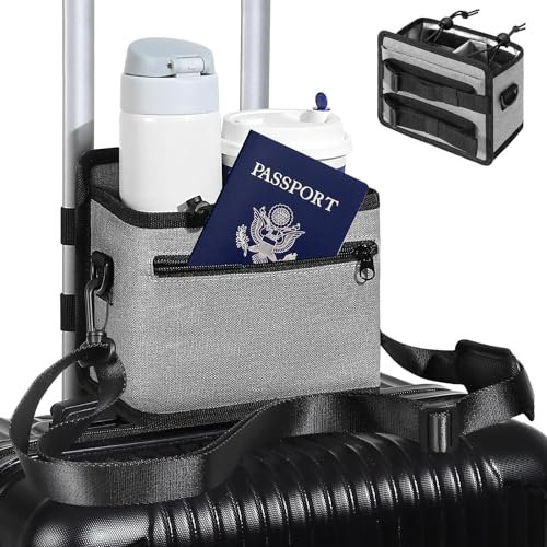 MoKo Portavasos de Viaje para Equipaje, Bolsa Impermeable para Botella de Agua para Viaje con Correa del Hombro, Soporte para Taza de Café & Botella Apto para Asas de Maleta con Ruedas, Gris