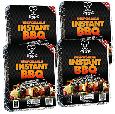 Big K Disposable Instant BBQ Tray - Pack of 4 All In One Barbecue Instant Light Charcoal Grill Trays with Topline Card. Ideal for Garden BBQs, Camping, Outdoor Parties and Picnics.