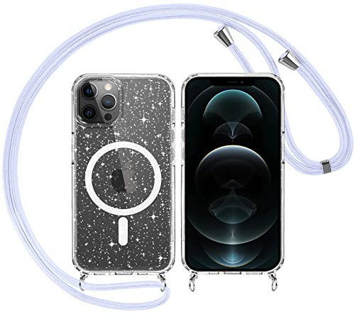 Yoedge Transparent Glitter Magnetic Mobile Phone Chain Mobile Phone Case Compatible with MagSafe for iPhone 12 Pro Max Case with Strap 6.7 Inches, Sparkle Protective Case Built in Magnetic Clear Cover