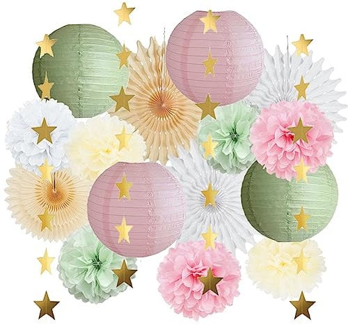 Party Deko Grün Rosa Pompons Salbeigrün Party Deco Beige Papierfächer Papierlaternen Salbei Geburtstag Mädchen Frau Deko mit Gold Stern Girlande für Babyparty Brautdusche Geburtstagdeko Hochzeit