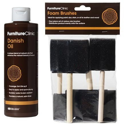 Bundle of Furniture Clinic Premium Danish Oil for Wood 250ml + Set of Four Foam Brushes for Applying Oil to Wood.