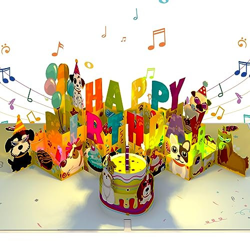 Geburtstagskarte mit Musik, Pop Up Hunde & Kuchen Geburtstagskarten mit Musik und Licht, 3D Pop Up Singende Karte Geburtstag Geschenke für Kinder Frau Männer