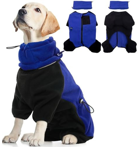 Hundepullover Fleece, Warm Hundejacke Hundeweste Winter Mantel mit Beinen Hundepyjama Kaltwetter Winddichte Winterkleidung Hund für Innen und Außeneinsatz(Blau, L)