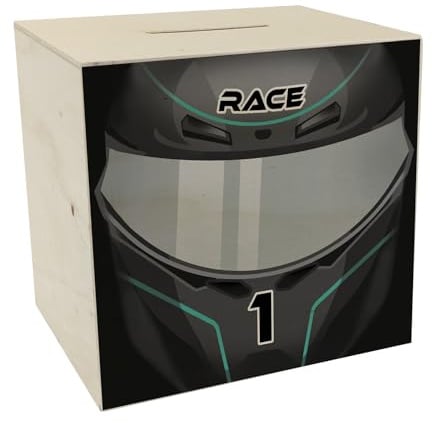 Motorsport-Helm Spardose aus Holz in Schwarz-Silber Spardose aus Holz Motorsport Rennwagen Helm Motorrad Sparschwein Racing Sparbüchse Rennsport Kinder Auto Sportwagen Biker