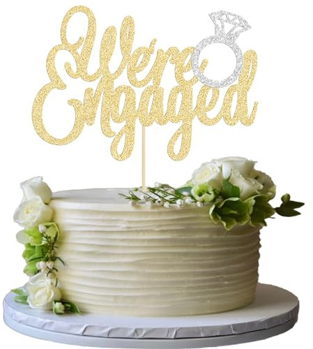 Gyufise 1Pc Gold We're Engaged Cake Topper with Ring Glitter Bridal Shower Cake Pick Decorations for Wedding Engagement Theme Party Cake Decorations