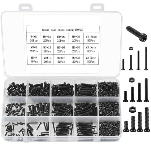 Juego de tornillos y tuercas de 480 piezas, tornillos de cabeza redonda de acero al carbono M2/M3/M4, tornillos de cabeza plana, pernos y tuercas hexagonales, juego combinado de tornillos Phillips