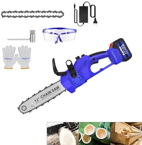 Motosierra eléctrica de 12 pulgadas con motor sin escobillas, sierra eléctrica potente con sistema de aceite para jardín, trabajo de madera, batería 4000 mAh + 2 cadenas