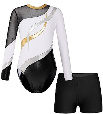 YiZYiF Kinder Mädchen Turnanzug Mit Hose Langarm Glitzer Gymnastik Body Gymnastik Shorts Set Ballett Tanzkleidung Wettbewerb Traininganzug Weiß_A 158-164