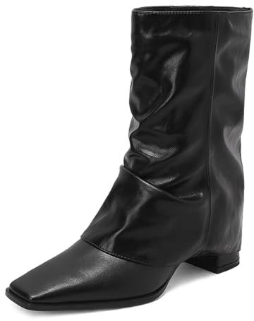 THOYBMO Stivali Donna Media Lunghezza Boots Pantaloni e Stivali con Tacco Quadrato Stivali Skinny Neri Rugosi Adatto per Lo Shopping Quotidiano e a Piedi,Black,39