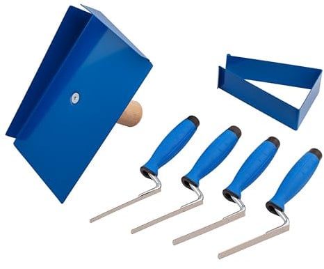MIVOS Edelstahl Fugbrett - Fugblech mit abnehmbarem Buchenholzgriff + 4 x Fugenkellen Rostfreie - Breite 8 10 12 14 mm - Fugkellen Set - Ideal für Maurer- und Ausbauarbeiten