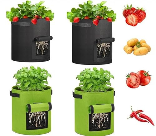 Hitopin 4 Pezzi Sacco per Piantare Patate,Carote Sacchetto per Piante,7 Galloni Sacchi per Patate,per Casa Balcone,GiardinoPiantare Patate, Pomodori, Carote, Fragole e Altre Piante (Nero, Verde)