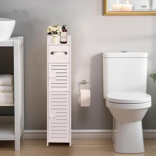 powerking Soporte para papel higiénico, pequeño armario de almacenamiento de baño con puertas y estantes, gabinete de almacenamiento delgado para baño, espacios pequeños, suelo de esquina, color