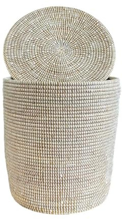 Wäschekorb Afrika - S/M/L/XL/XXL - Das Original aus dem Senegal - Afrikanischer Flechtkorb mit Deckel - Fair Trade Korb für Bade- / Wohn- & Kinderzimmer (Flachdeckel Stripes Weiß, L)