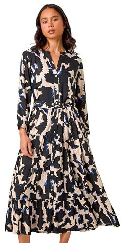 Roman Originals Shirt Dress for Women UK- Ladies Long Sleeve Belted Collared Midi Maxi Winter Autumn Smart Casual Button Through Evening Office A Line Swing Skater - Black Blue - Size 12