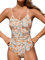 CUPSHE Damen Badeanzug V Ausschnitt Bauchweg Raffung Tiefer rücken Cutouts Einteilige Bademode Swimsuit Beige/Blumenmuster L