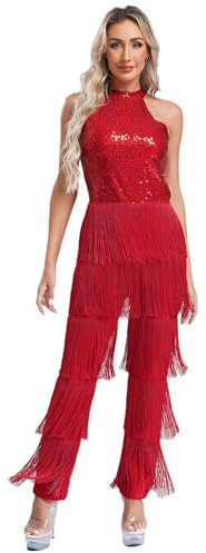 Linjinx Damen Metallic Jumpsuit Pailletten Bodysuit Overall Fransen Schlaghose Leggings Glitzer Tanzoverall Tanz Body Cha Cha Latein Tanzkotüm