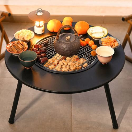 Foyer d'extérieur portable avec pince à charbon, filet élévateur et grille de cuisson, table ronde en métal pour cour, terrasse ou camping