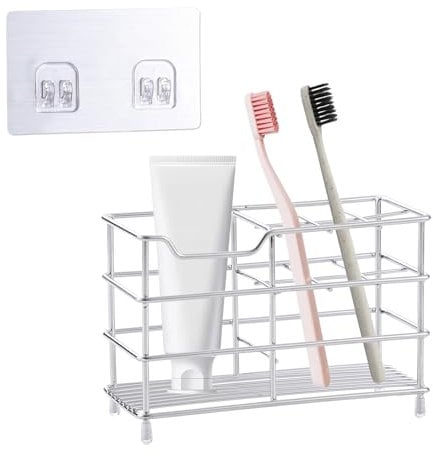 ANMEISH Toothbrush holder Wall Mounted,Silver Bathroom Stainless Steel Toothbrush Caddy,7 Multifunctional Slots Toothpaste Holder Organizer Stand Storage for Toothpaste, Razor