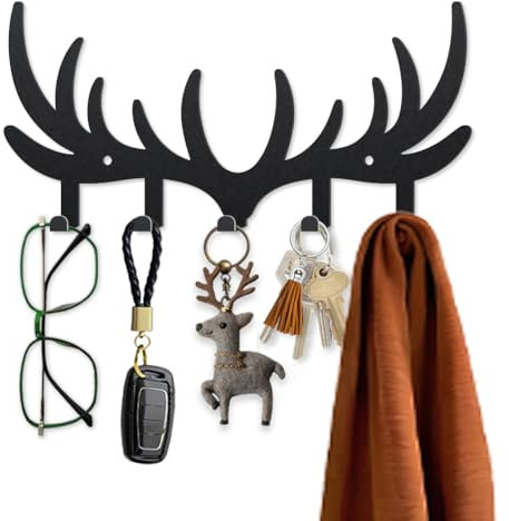 MAYJOYDIY Hirschgeweih Desig Schlüsselhalter für Wand 25×12cm Metall Kleiderhaken Wand mit 5 Haken Modern Türöffnung Schlüsselbrett für Flur, Eingangsbereich, Küche, Badezimmer (Schwarz)