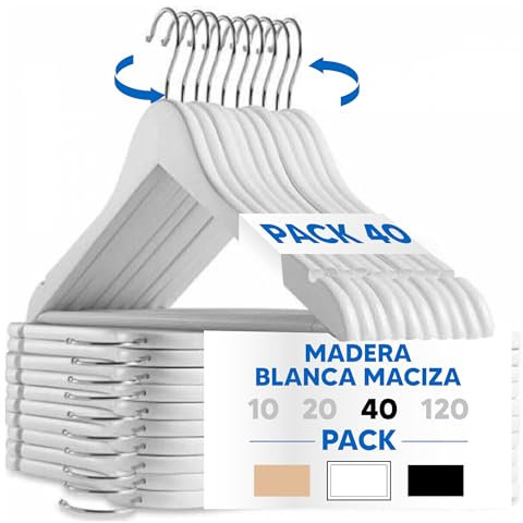 Mundo Home 40X Perchas Madera Blanca Maciza para Ropa - Perchas de Madera con Gancho Giratorio 360º - Perchas para Pantalones, Camisa, Traje, Vestidos - Colgadores de Ropa Antideslizante para el Hogar