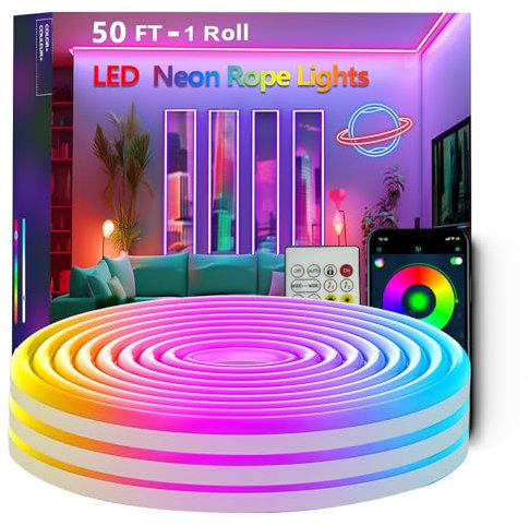 Bvokon 15m/50Ft LED Neon Seillichter, Steuerung mit App/Fernbedienung, Musik Sync, Flexibles LED Seillicht, Mehrere Modi, IP65 Outdoor RGB Neonlichter Wasserdicht