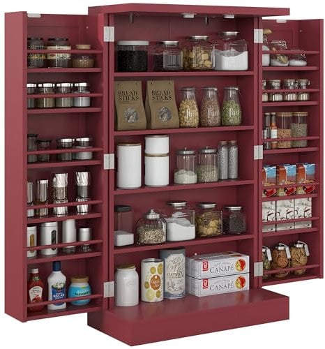 HOMCOM Armario de Cocina Buffet de Cocina Moderna Unidad de Almacenamiento con armarios, Estante Ajustable y 12 estantes de Especias, despensa para Comedor, Sala de Estar, 60 x 30 x 104 cm, Rojo