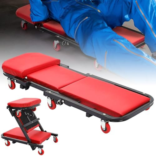 Chariot de réparation de voiture pliable 2 en 1, chariot mécanique extensible de 91 cm avec coussin moelleux et 6 roues pivotantes à 360°, capacité de charge de 150 kg, tabouret d'atelier de réparat