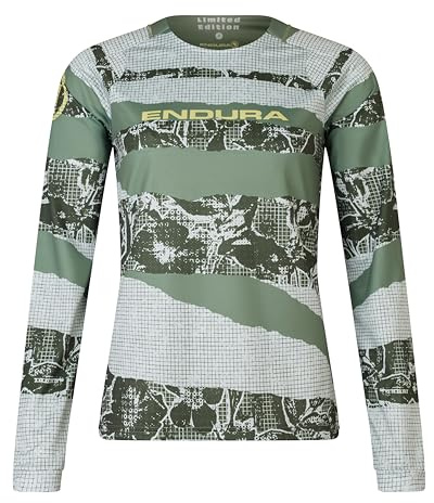 Enudra Womens Patchwork Printed Long Sleeve Cycling Tee Machair Green, X-Small