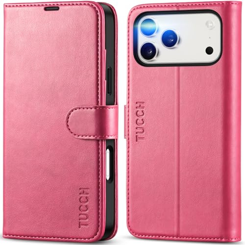 TUCCH Étui Portefeuille pour iPhone 17 Pro Max 6,9 5G 2025, Rose Vif | Blocage RFID, Simili Cuir, Clapet TPU, Fonction Support, Fentes Cartes