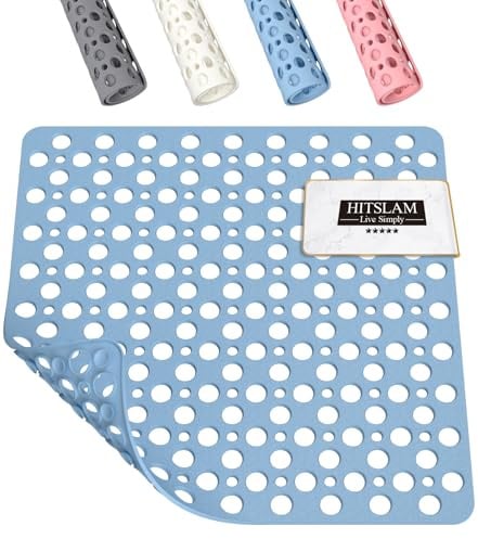 HITSLAM Quadratische Duschmatte rutschfest, 53 x 53 cm Badewannenmatte, Antirutschmatte Dusche für das Badezimmer mit Saugnäpfen und Abflusslöchern, Maschinenwaschbar, Weich für die Füße, Blau
