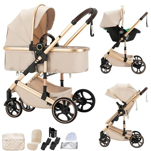 BEBBY Poussette 3 en 1 Poussettes Combinée Portable Pliant en Un,Poussettes Citadines Avec Siège,Paysage Haut Cadre en Aluminium Pour Nouveau-né (gen-H9-BEIGE, H9-Pliage)