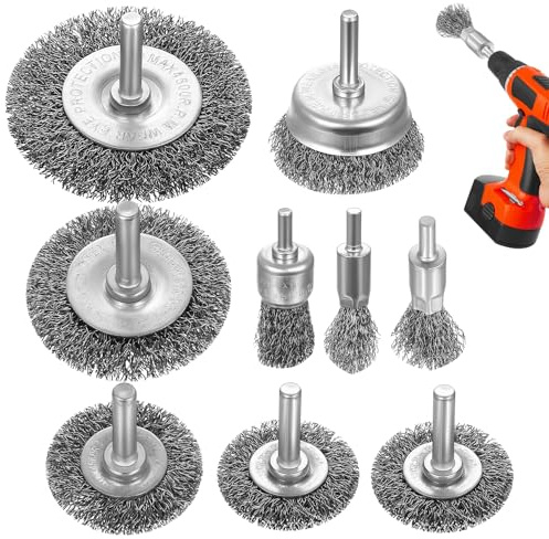 Okeno Select 9-piece wire brush set, 6 mm (1/4 inch) wire brush, suitable for corded and cordless screwdrivers, for grinding, polishing, gardening, rust removal, cleaning, metal brushes