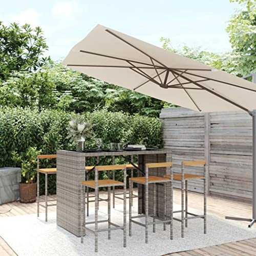 Ziaphsol 7-TLG. Gartenbar-Set Grau Poly Rattan & Massivholz Akazie, wetterfestes Outdoor Möbel Set mit 6 Barstühlen, Stabiler Bartisch für Terrasse, Balkon, Garten