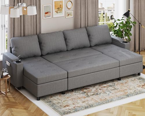 Devoko U-Shaped Sofa Cornor Sofa Bed with Storage Pull out Sofa Beds 4 Seater Modern Convertible Sectional Sleeper Sofa for Living Room,Bedroom,Light Grey