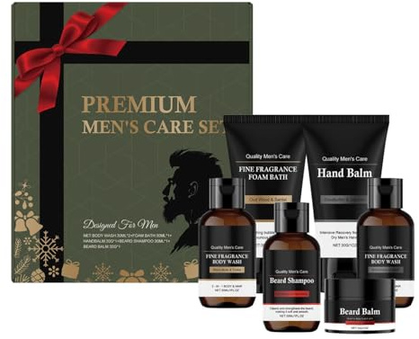 Premium Pflegeset für Männer 6-teilig - Duschgel, schäumendem Duschgel, Handcreme, Bartshampoo & Bartbalsam - Hautpflege Geschenkset Für Herren, Geschenke für Männer