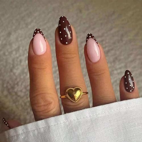 24PCS Short Almond Manicure Nails - Brown French Tip with Playful Polka Dot Pattern & Elegant Pink Gloss Accent for Daily Office Wear, Afternoon Tea and Weekend Shopping
