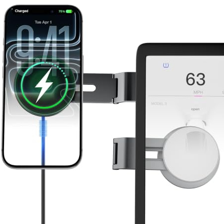 CloudValley 15W Charging Phone Mount for Tesla Model 3/Y, 360° Rotatable Magnetic Car Metal Holder, 【Foldable & Extendable Hidden Design】 Tesla Screen Stand for 3/Y/Juniper/Cybertruck Accessories