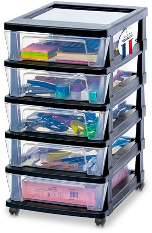 Iris Ohyama, Rollcontainer Kunststoff auf Rollen, 5 Kompakte Schubladen, Schwarz, Leichtes Öffnen, Aufbewahrung, für Schreibtisch, Garage, Organizer, Schrank, BPA-frei, KMC-350