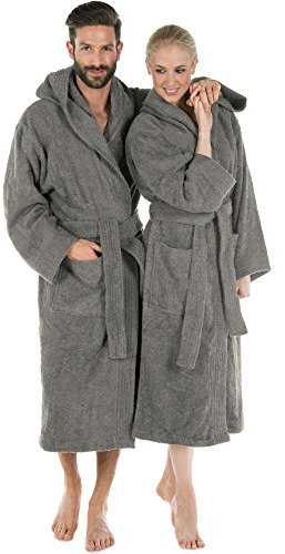 CelinaTex Montana Bathrobe, Hooded, Plain, Long, Patched Pockets, Stitching, Women, Men, Unisex, 100% Cotton, Dark Grey, XXL