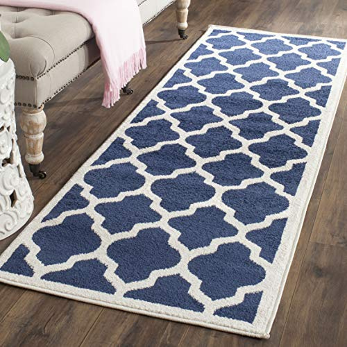 SAFAVIEH Amherst Collection Runner Rug - 2'3 x 7', Navy & Beige, Moroccan Trellis Design, Non-Shedding & Easy Care, Ideal for High Traffic Areas in Living Room, Bedroom (AMT420P)
